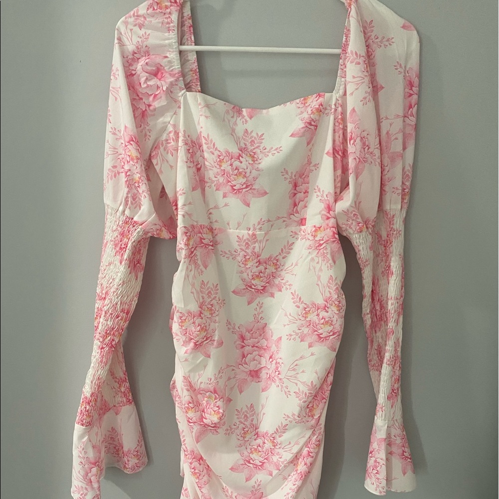 Square Neck Shirred Bell Sleeve Floral Dress